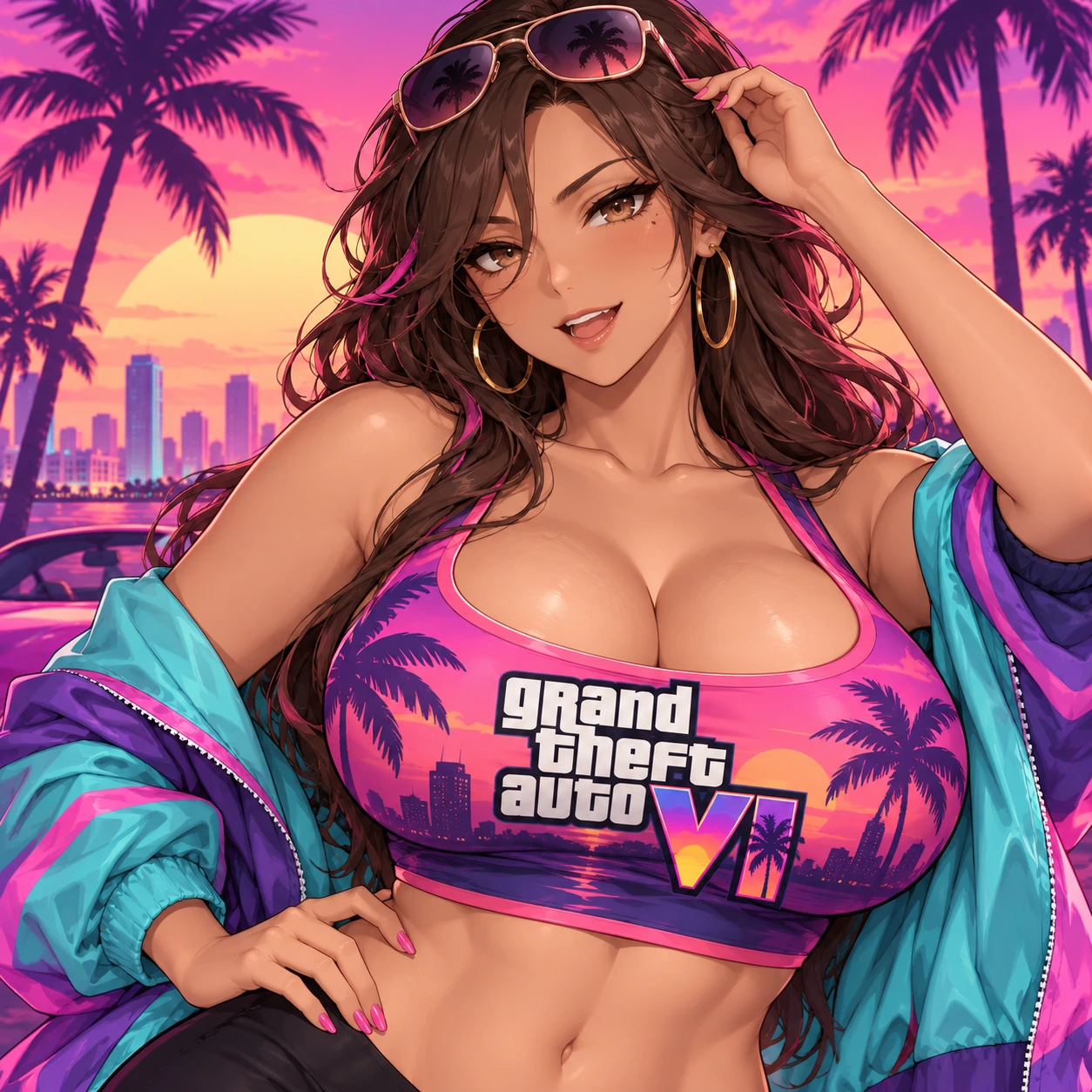 GTAVI heroine against a pink Vice City sunset